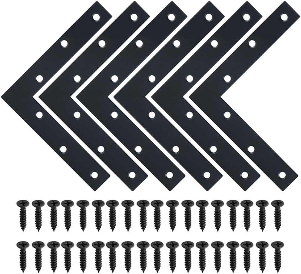 SAYAYO L Brace, 150x150mm / 6" x 6" Metal L Mending Plate L Flat Plate Bracket Stainless Steel Right Angle Corner Brace for Wood Matte Black (6 PCS )