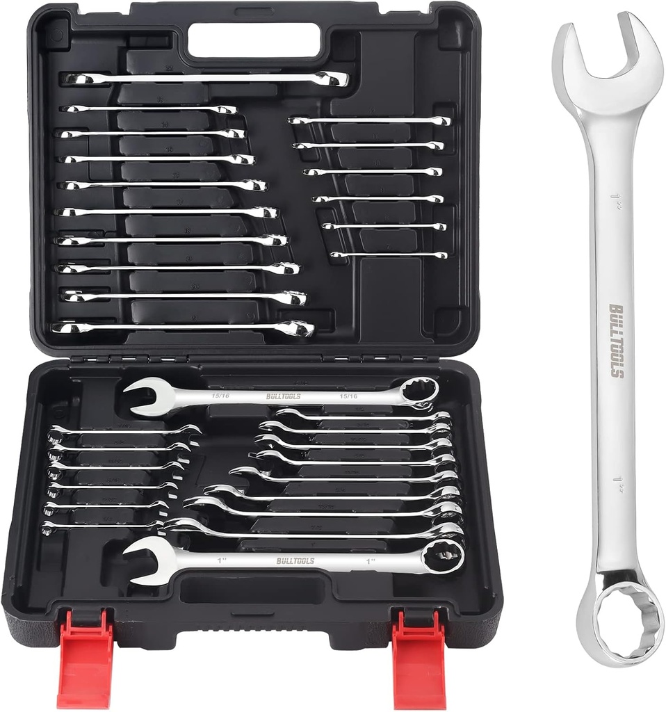 BULLTOOLS 32-Piece Combination Wrench Set, SAE and Metric 1/4"-1" & 7mm-22mm Wrenches Chrome Vanadium Steel Box End and Open End Standard Wrench Set with Case