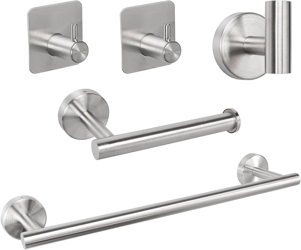 TocTen Bathroom Hardware Set, Thick Stainless Steel Bath Towel Bar Set Including Towel Rack for Bathroom+Toilet Paper Holder+3 Robe Towel Hooks Wall Mount Bathroom Accessory Set(16IN,Brushed Nickel)