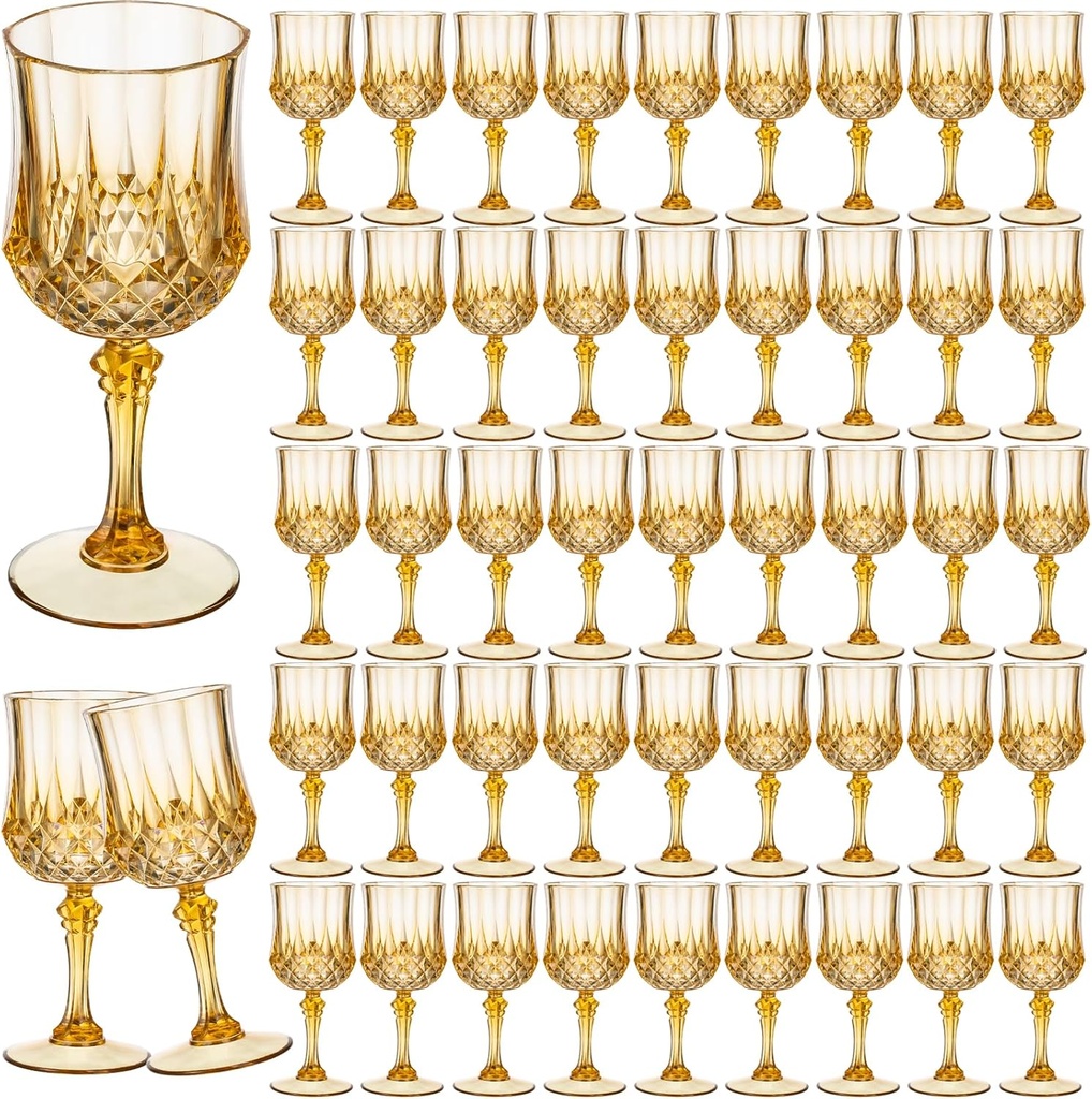 7OZ Plastic Wine Glasses, 48Pcs Amber Reusable Drinking Cups Vintage Champagne Flutes, Plastic Crystal Water Goblets for Parties Stemmed Shatterproof Drinking Glasses for Wedding, Toasting Party
