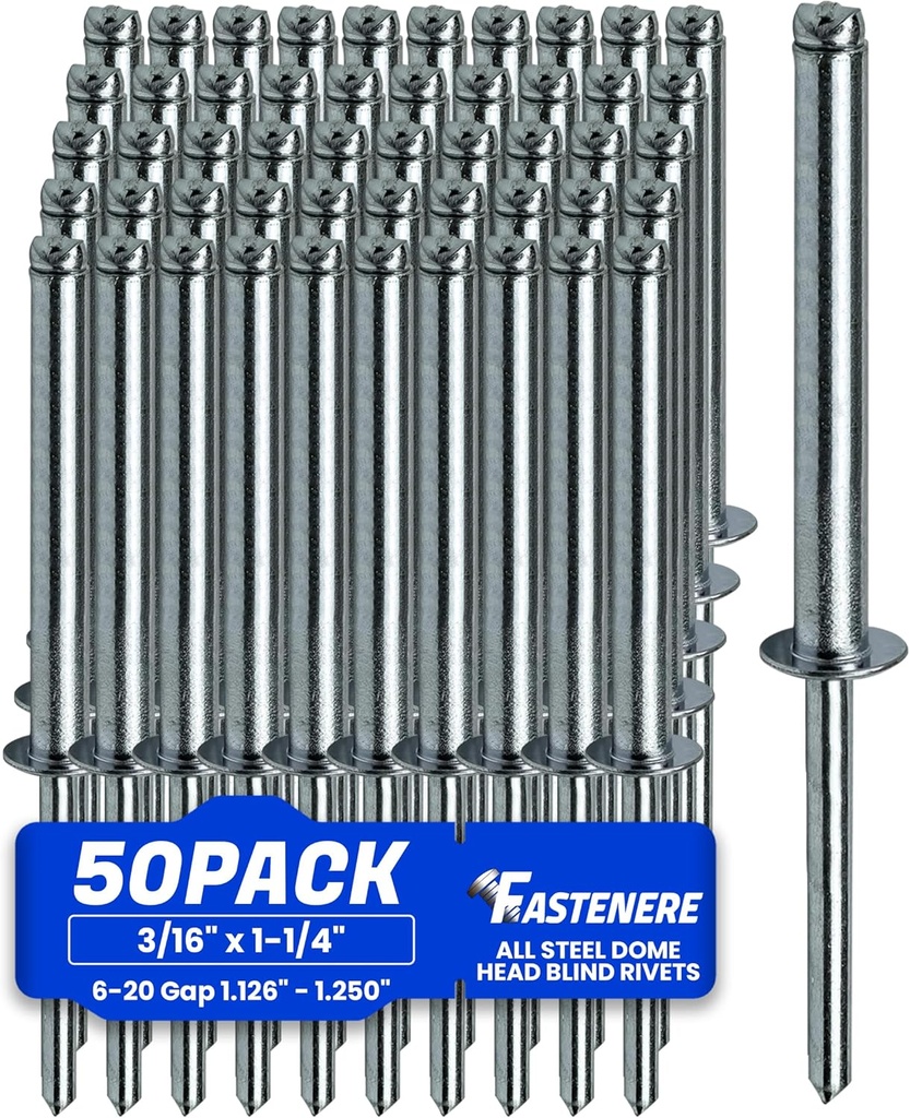 Fastenere Pop Rivets 3/16" x 1-1/4" (50 pcs) Aluminum Body Steel Mandrel, Heavy Duty, Open End, Low Carbon, Dome Head Blind Rivets, Corrosion Resistant & High Shear Strength, 6-20 Gap 1.126" - 1.250"