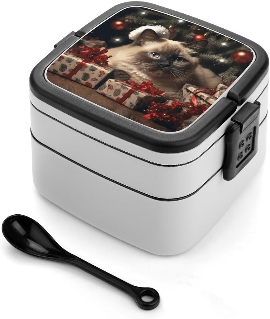 Christmas Siamese Cat Bento Box Adult Stackable 2 Layers Containers Reusable Leakproof Lunch Containers for Adults Travel 33oz Lunchbox with Spoon Portable Bento Boxes, Microwave Dishwasher Safe