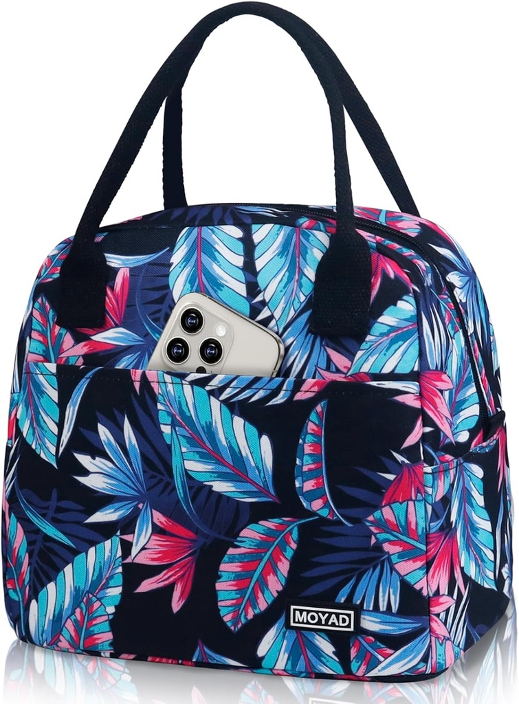 Moyad Lunch Bag for Women, 10L Reusable Insulated Cooler Lunch Box for Work Travel Picnic Camping Outdoor, Tropical Rainforest Leaves & Black