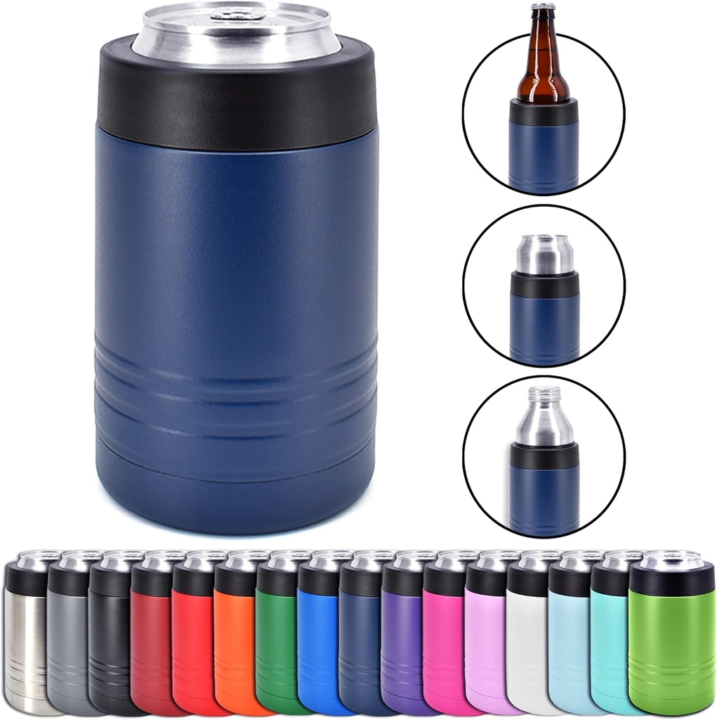 4-in-1 Stainless Steel 12 oz Double Wall Vacuum Insulated Can or Bottle Cooler Keeps Beverage Cold for Hours - Also Fits 16 oz Cans - Powder Coated Navy - Clear Water Home Goods
