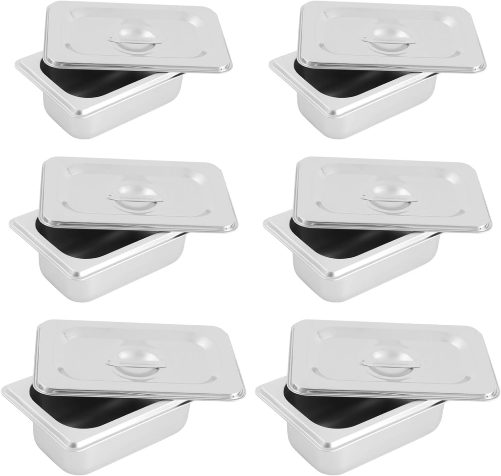 6 Pack Stainless Steel Hotel Pans with Lids, Commercial Food Catering Storage Containers Catering Metal Steamer Pans Restaurant Warm Pot for Party, Restaurant,Hotel (1/9 Size 1.8Qt)