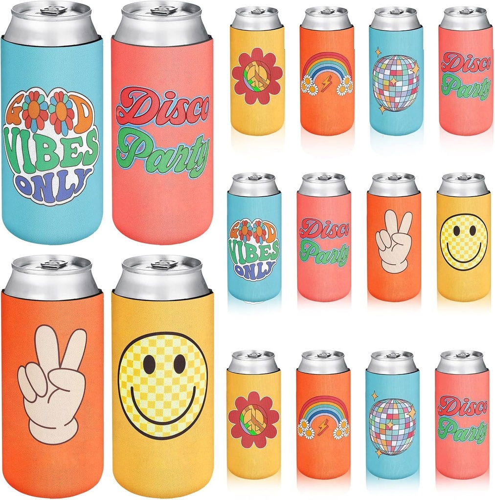 Preboun 16 Pcs Retro Bachelorette Party Can Coolers Hippies Groovy Party 70s Disco Decorations Theme Beverage Sleeves Insulated Beer Shower Cans Holders for Bridal Shower Groovy Hippies Party Supplies
