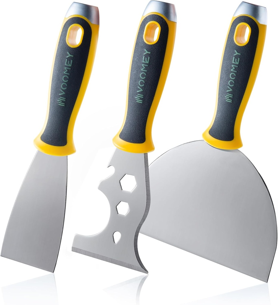 Voomey Putty Knife Set 3 Pack, Stainless Steel Paint Scraper and Spackle Knife Drywall Tools for Wallpaper Removal, Drywall Repair, and Painting Projects