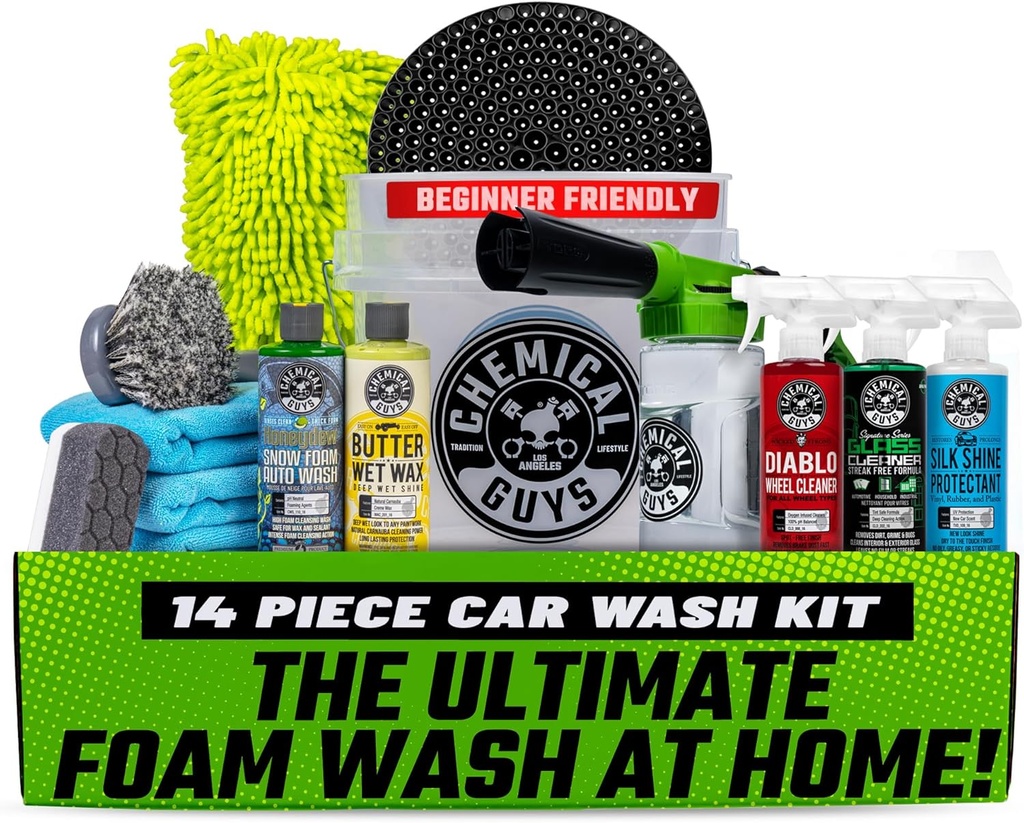 Chemical Guys Car Wash Kit 14-Pc Arsenal Builder - With Foam Blaster, Wash Bucket, Towels, Applicators, and 16 oz Soaps, Waxes, and Cleaners - Complete Auto Detailing Gift Set, Works with Garden Hose