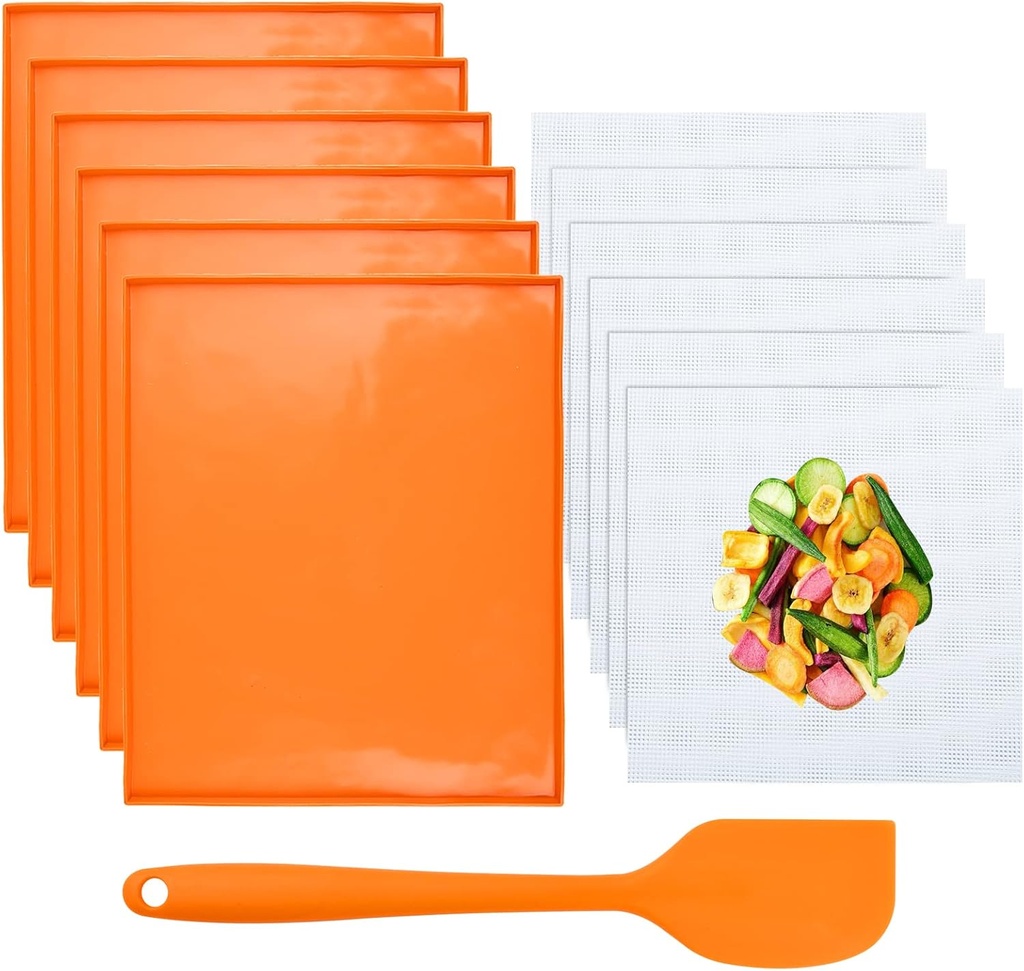 6 Pcs Silicone Dehydrator Sheets with Edge, Reusable Mesh Dehydrator Mats with Scraper, Non-Stick Fruit Leather Trays, Square Food Dryer Mat For Liquid Meat Vegetables Herbs