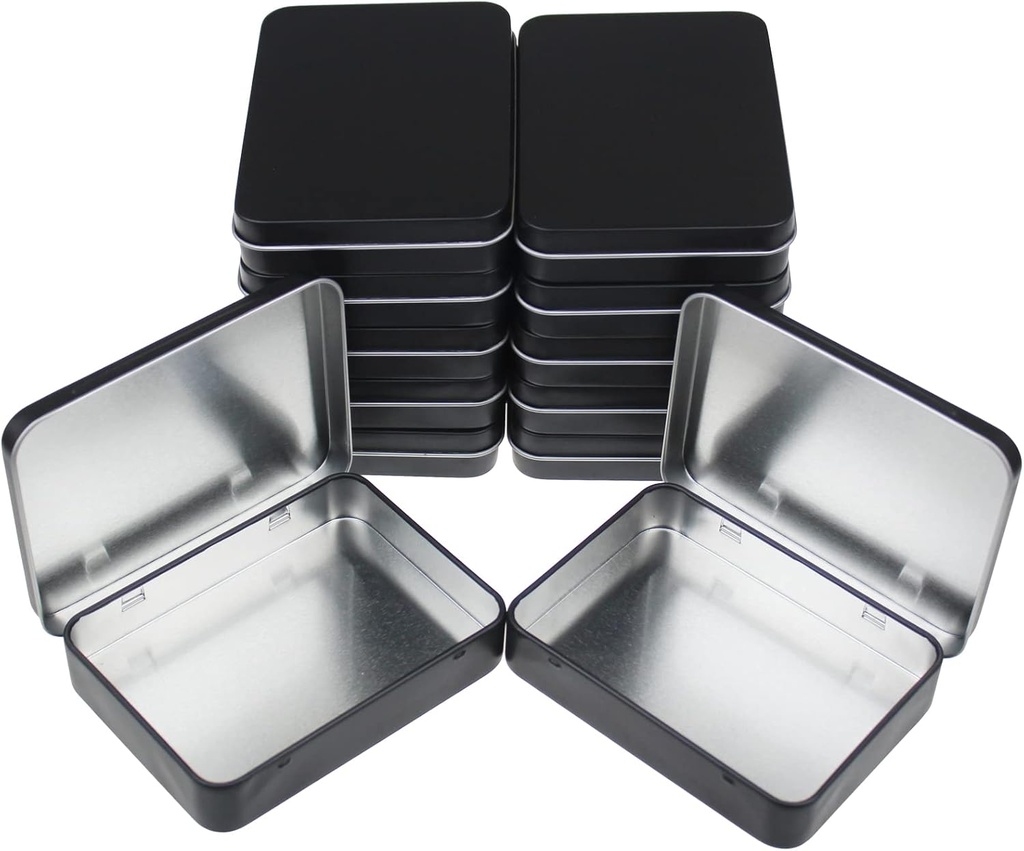 12 Pieces Rectangular Metal Empty Hinged Tins Containers Basic Necessities Home Storage Organizer Mini Box Set, 4.5 x 3.3 x 0.87 inches (Black)