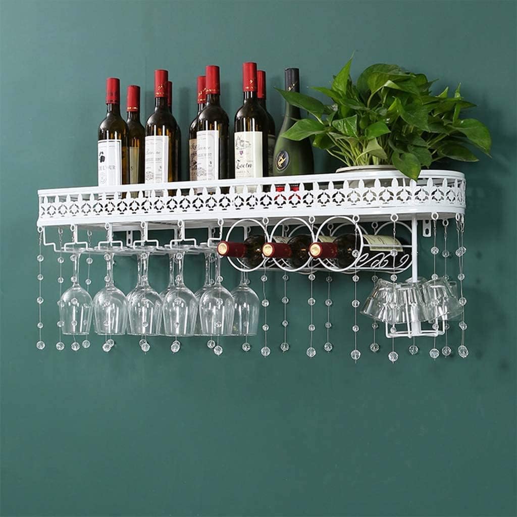 Wine Rack Wall-Mounted White with Crystal Inverted Wine Glass Rack and Goblet Rack Guardrail Design Iron Bottle Holder Wine Shelf for Bar, Wine Cellar, Restaurant, Home Home Decora