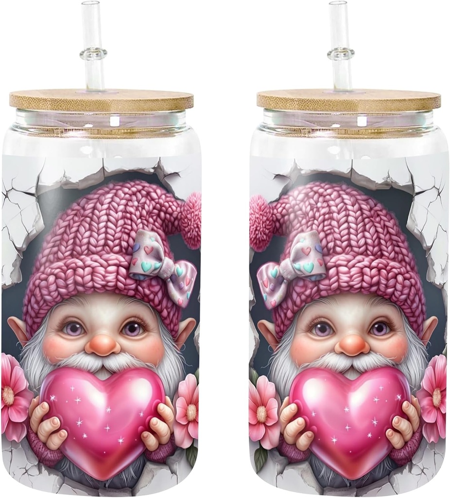 Glass Tumbler with Bamboo Lid and Straw - Reusable Eco-Friendly Cup, Gnome Pink Heart Valentine Design, BPA-Free Borosilicate Glass for Iced Coffee, Smoothies, Tea, Cold Drinks, 16oz Gift for Animal