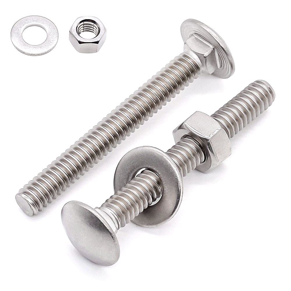 Glvaner (6 Sets) 3/8-16 x 3 Stainless Steel Carriage Bolts Screws Round Head Square Neck and Hex Nuts & Flat Washers 304 Stainless Steel 18-8 Full Thread Coverage