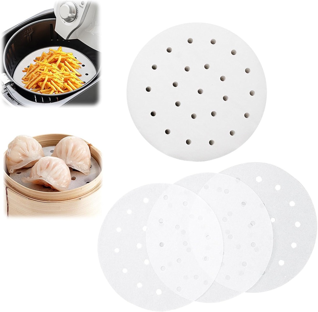 Upgrade 200 sheets Bamboo Steamer Liner, Round Air Fryer Parchment Paper with Holes, White Anti-Stick Steamer Paper (5inch)