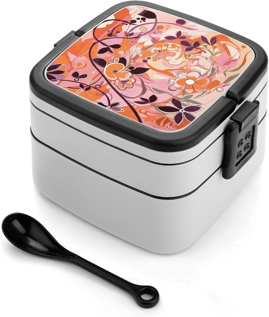 Floral Pattern Bento Box with Compartments Double Layer Bento Lunch Box with Spoon And Handle All-in-One Adult Lunchbox Leakproof Lunch Container for Work Picnic Travel