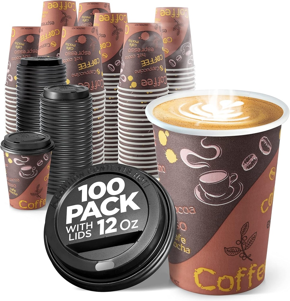 Disposable Coffee Cups with Lids 12 oz (100 Pack) - To Go Paper Coffee Cups for Hot & Cold Beverages, Tea, Hot Chocolate, Water, Juice, Eco Friendly