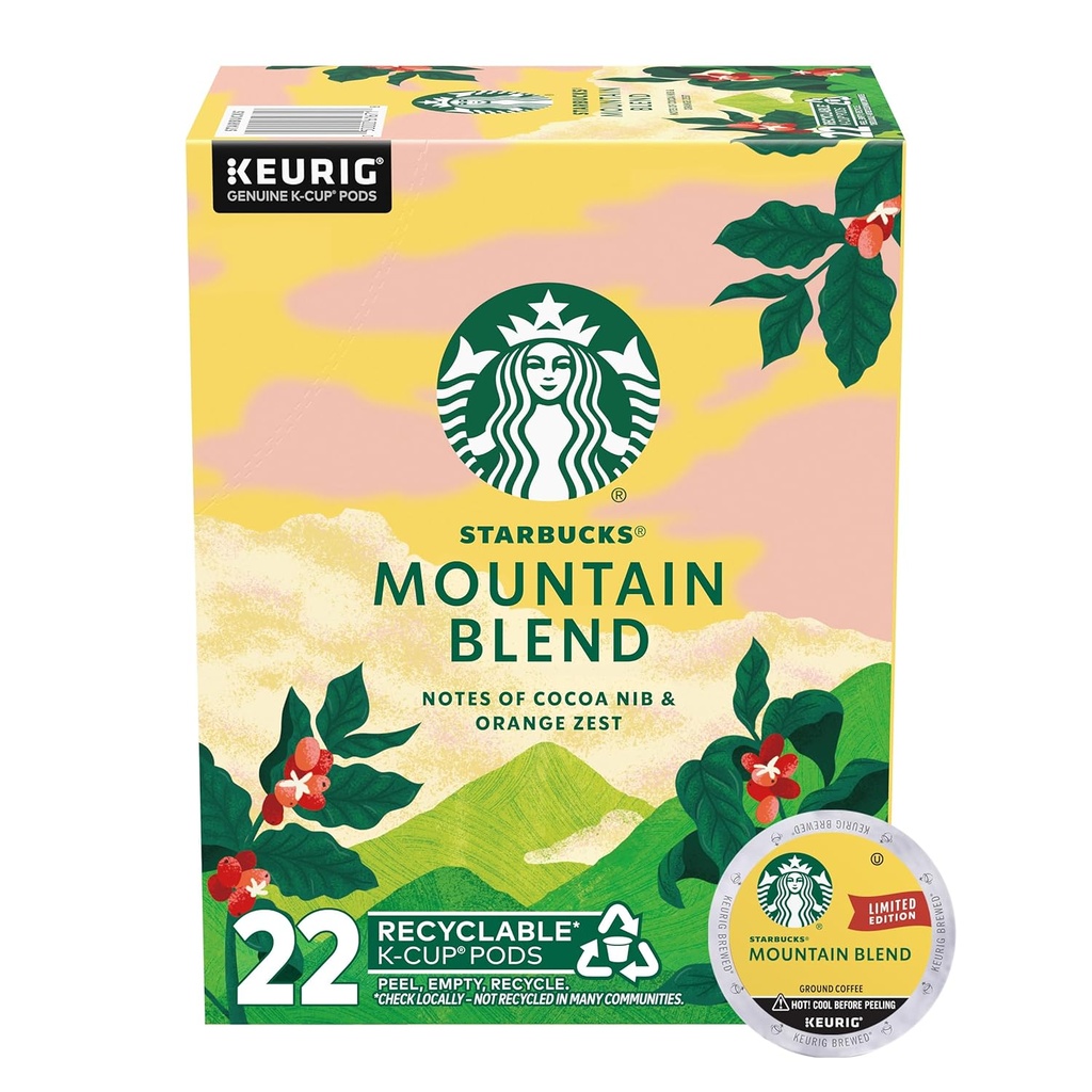 Starbucks K-Cup Coffee Pods, Medium Light Roast Coffee, Mountain Blend for Keurig Coffee Makers, 100% Arabica, Limited Edition, 1 Box (22 Pods)