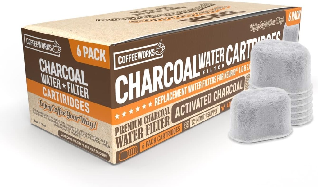 CoffeeWorks Charcoal Water Filter Refill Cartridges for Keurig Coffee Machines - Universal Fit Replacement Filters Compatible with Keurig K-Cup Pod 2.0 and 1.0 Classic Coffee Brewers (6)
