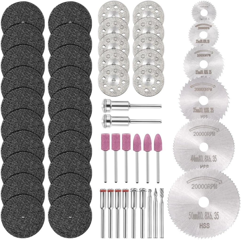 53pcs Cutting Wheel Set for Rotary Tool, GOXAWEE 1/8’’ Shank 545 Diamond Cutting Wheel, Mini HSS Cut Off Saw Blades, Resin Cutting Discs with Mandrels for Stone Wood Metal