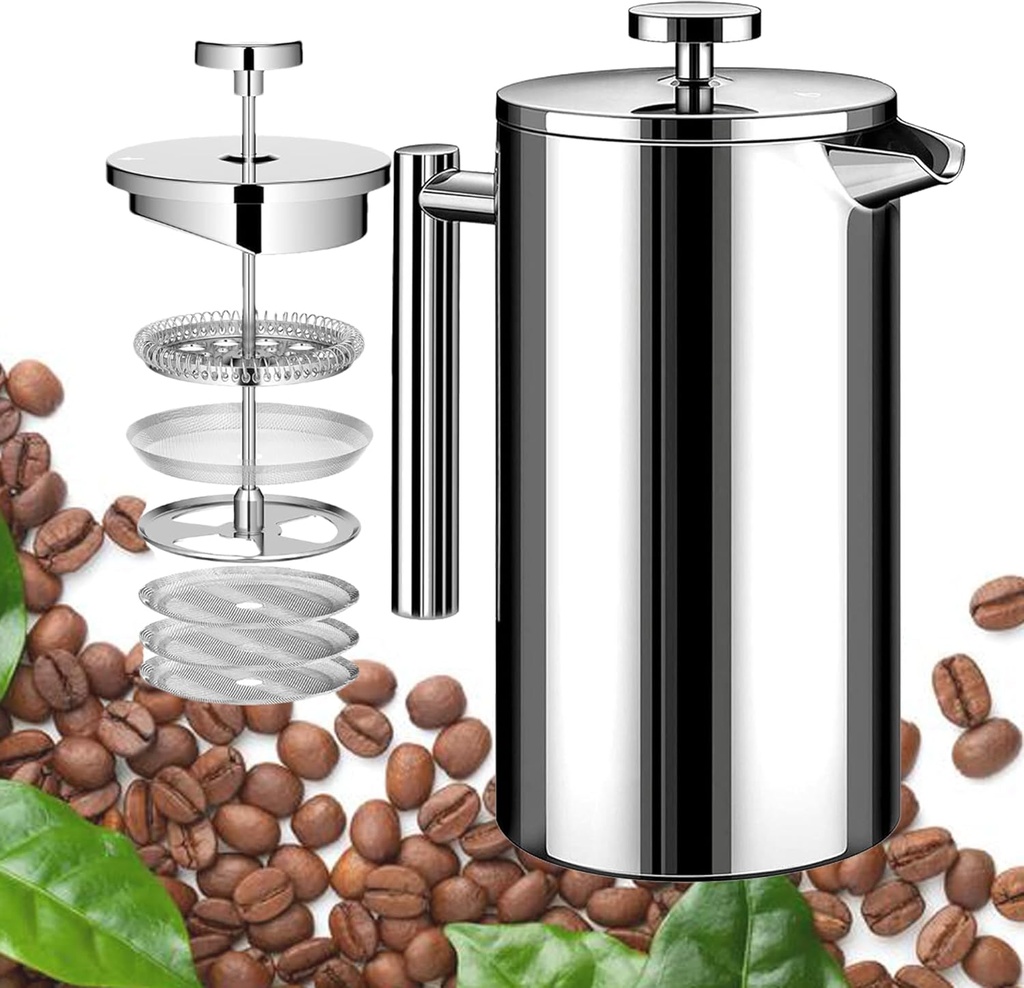 Large French Press Coffee Maker 50oz (1.5L), 304 Stainless Steel Double Wall Insulated Tea Press for Camping, Backpacking, Party, Travel, Gift Set, Dishwasher Safe (Silver, 6-8 Cups)