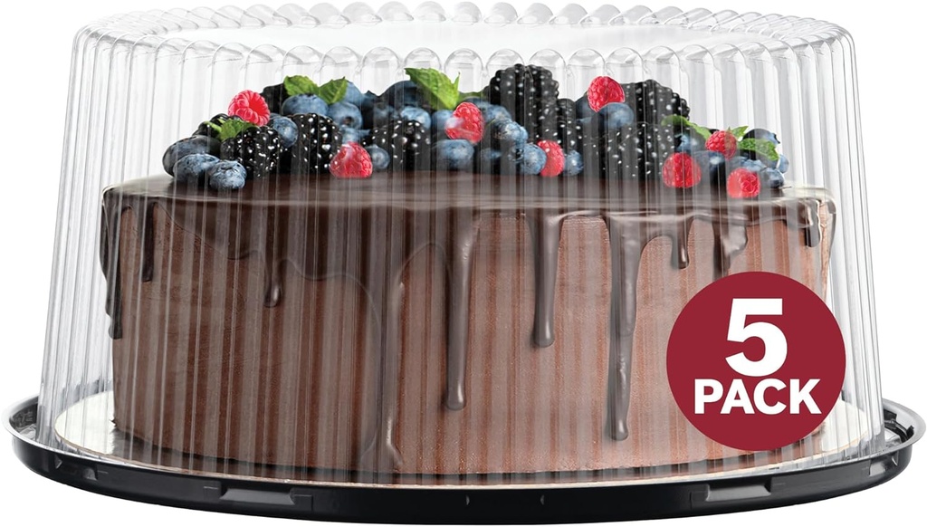 10 - 11" Plastic Disposable Cake Containers Carriers With Dome Lids And Cake Boards [5 Pack] And Cake Server | Round Bundt Cake Boxes / Cover | 2-3 Layer Cake Holder Display Containers For Transport