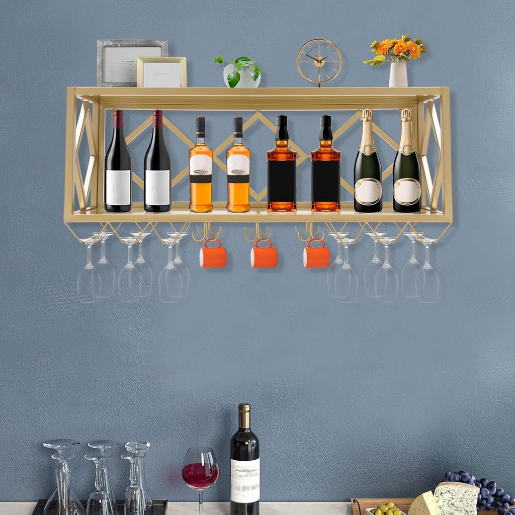 39" Wine Rack Wall Mounted Bar Unit Floating Shelves Floating Shelves Inverted Wine Glass Racks Multifunctional Iron Bottle Holder Simple Hanging Goblet Rack with Partitions