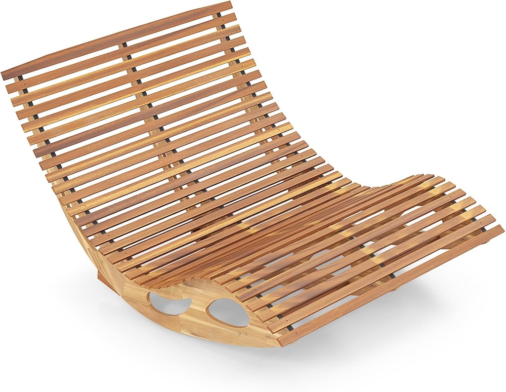 Tangkula Outdoor Double Chaise Lounge Chair, Acacia Wood Rocking Sunbed with Slatted Backrest and Seat, Wooden Loveseat Rocker for Patio, Garden and Poolside