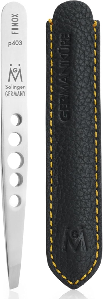 GERMANIKURE Professional Perforated Slanted Tweezers - FINOX Stainless Steel Sharp in Leather Case - Ethically Made in Solingen, Germany - 4403
