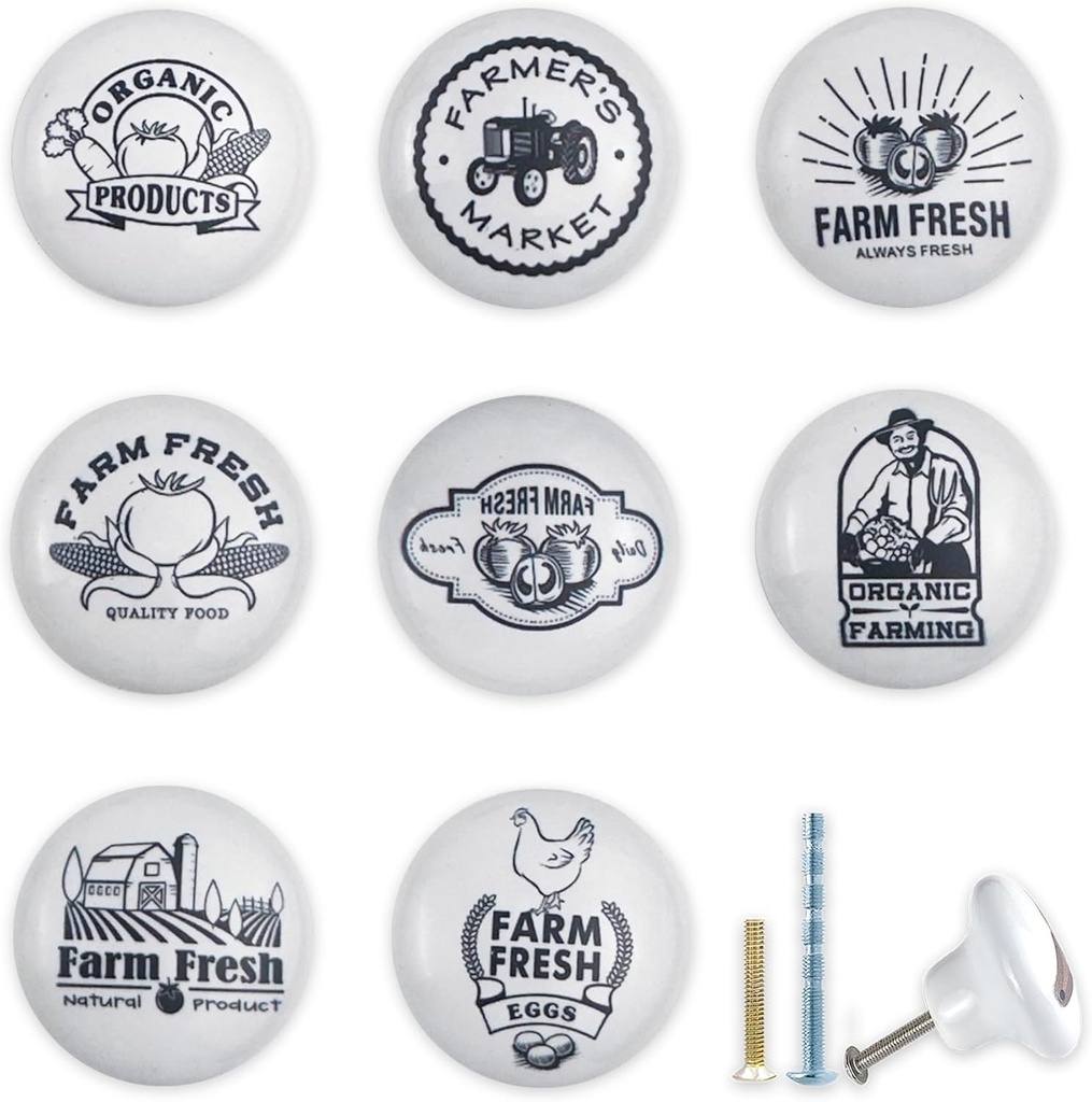 JamJam 1.5" 8PCS Round Vintage Ceramics Cabinet Handle Knob Farm Animal Chicken Kitchen Drawer Dresser Knobs Tomato Farmhouse Furniture Pull