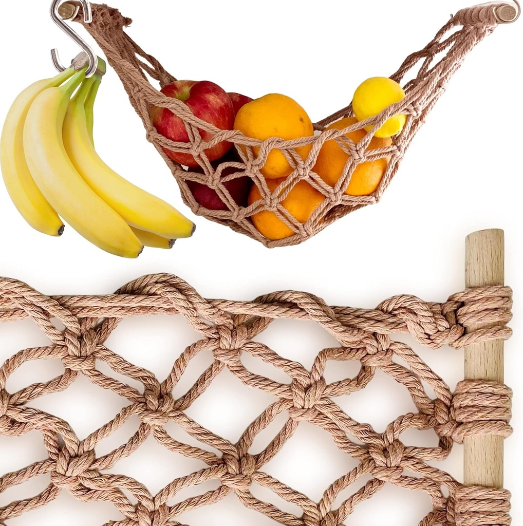 Fruit Hammock - Hanging Fruit Basket - Produce and Veggie Storage for Kitchen Under Cabinet - Banana Hook - Macrame Boho Modern (Taupe)