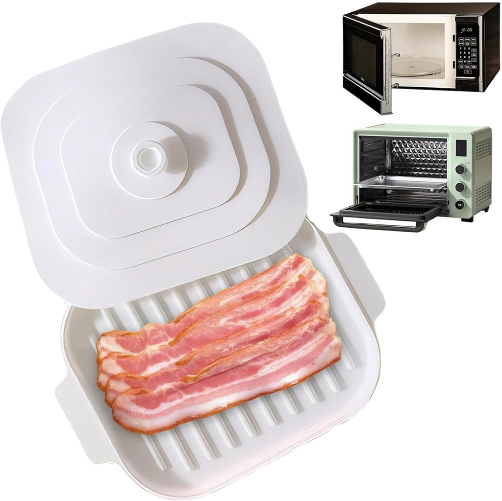 Microwave Bacon Tray, Bacon Cooker with Lid, Silicone Bacon Pan Baking Tray for Oven, Bacon Tray for Microwave Cooking (Rectangular)