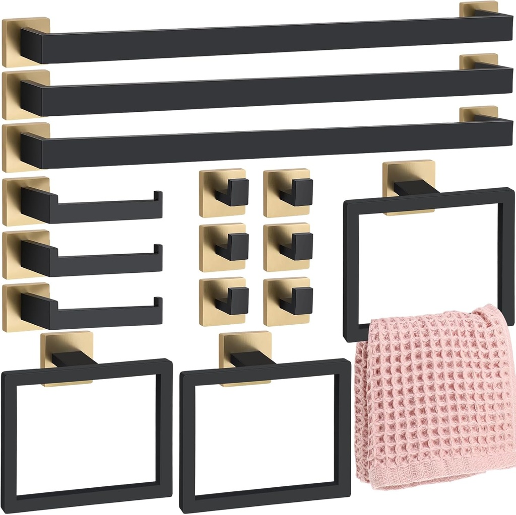 Gisafai 15 Pcs Bathroom Hardware Accessories Set 23.6 Inch Bath Towel Bar Kit Stainless Steel Bathroom Hardware Set Towel Racks Ring Hooks Paper Holder for Wall Mounted (Black Gold)