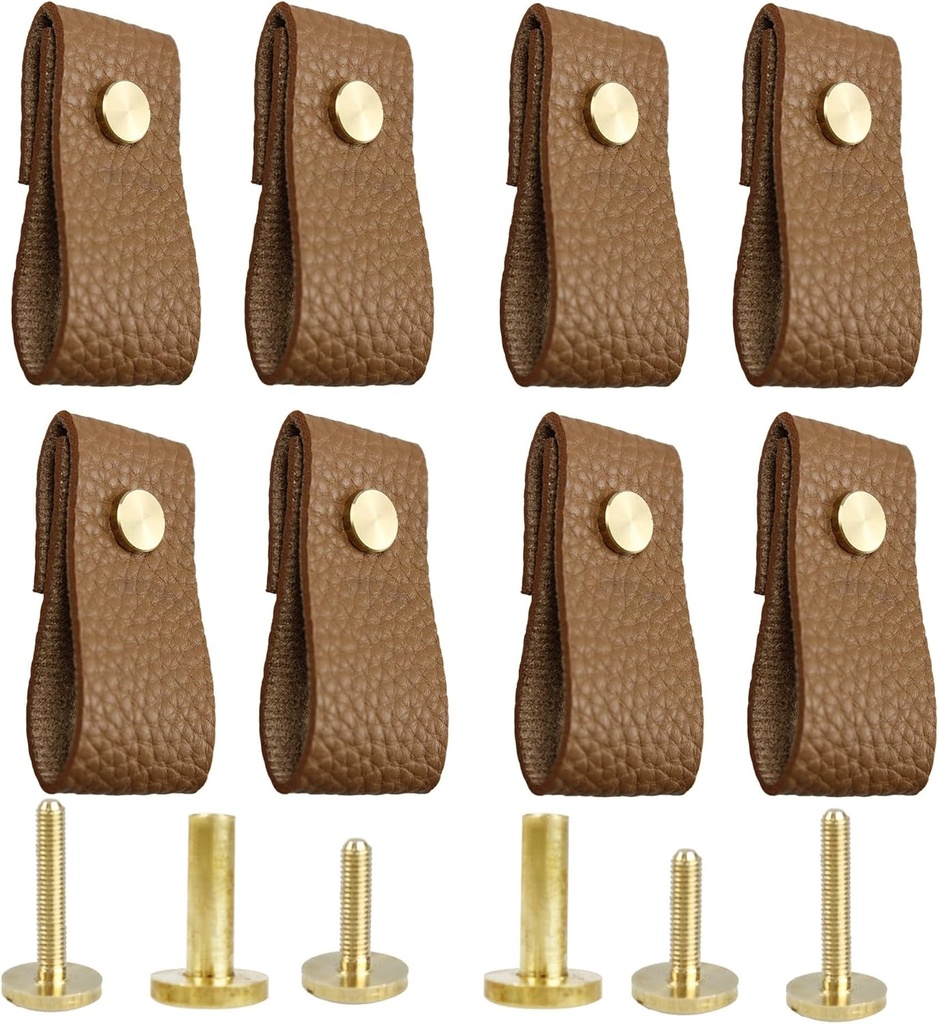 8PCS Coffee Leather Drawer Pulls, Modren Leather Pulls Handles, Soft Leather Cabinet Pulls knobs, Leather Furniture Pulls or Cabinet, Doors, Drawers, Closet