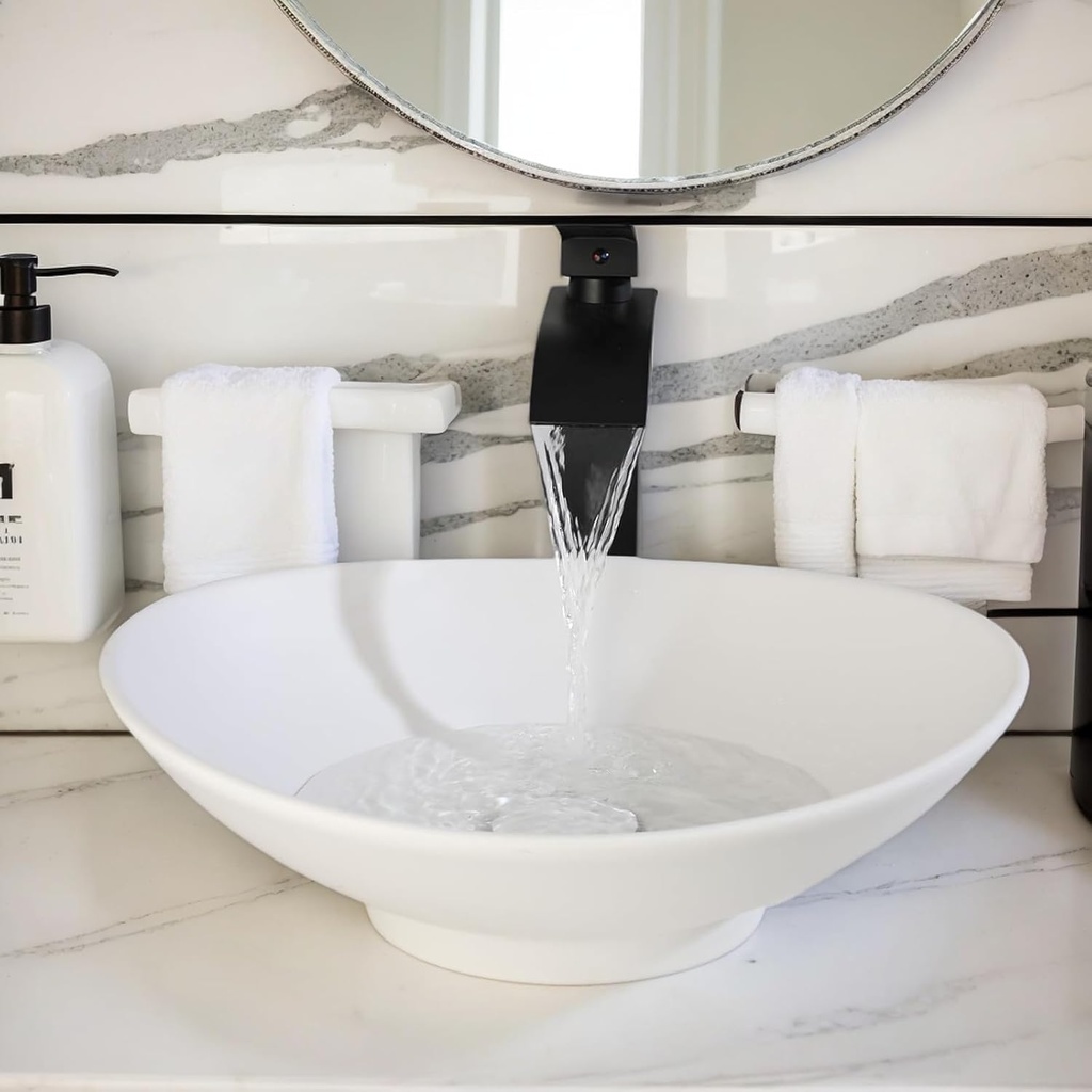 16"x12" Bathroom Vessel Sink Bowl, Stone Resin Vessel Sink with Faucet and Drain Combo, Oval Modern Above Counter Sink (white)