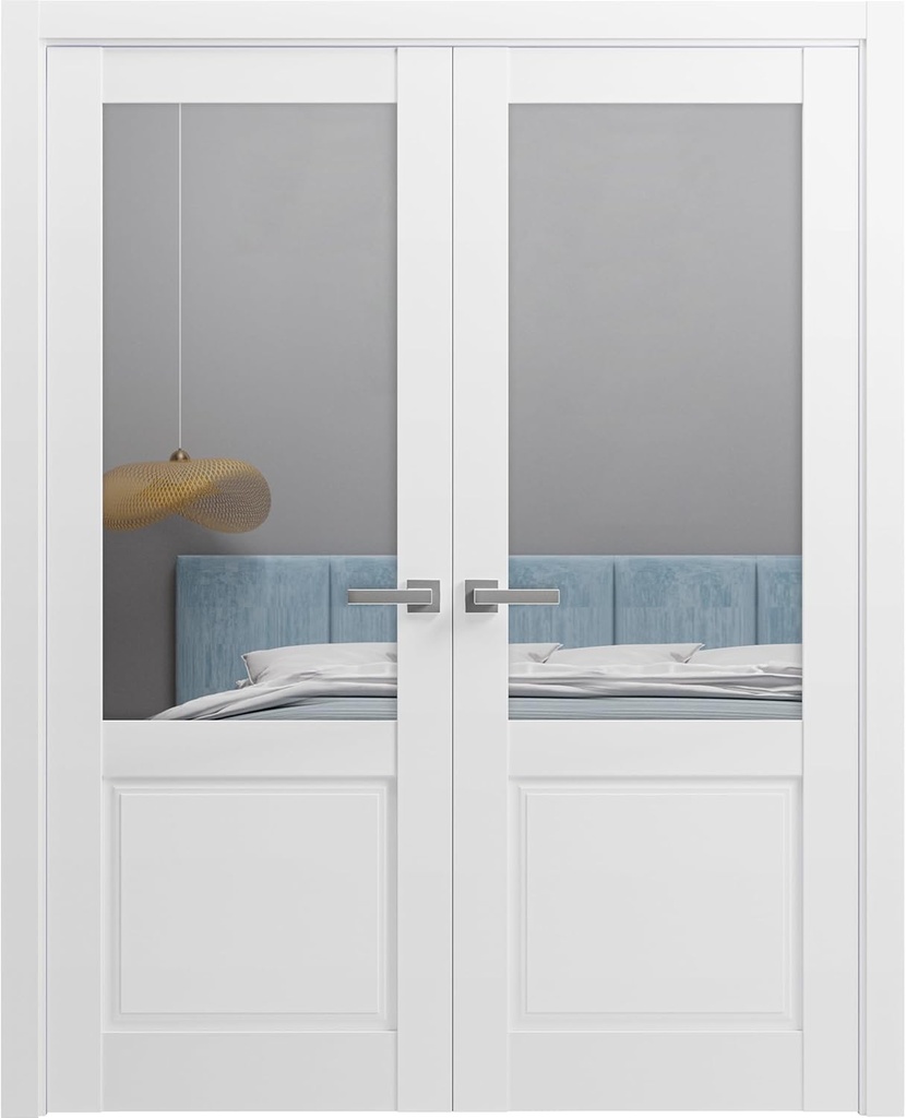 SARTODOORS Lucia 1533 | Double Swing Interior French Doors with Glass, Solid Wood, Prehung, Hardware Included, 60x80, White, Modern