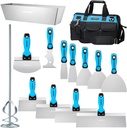 KEZERS Drywall Hand Tool Kit, 14 Pieces Stainless Steel 1.5" 2" 4" 5" 6" Putty Knife, 8" 10" 12" 14" Taping Knife, 14" Mud Pan, 6" Bucket Scoop, 11-in-1 Paint Scraper, 16" Mud Mixer & Tool Bag