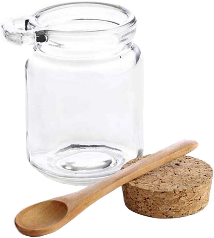 erioctry 1pcs 250ml/8 oz Glass Jar Reusable Empty Clear Glass Storage Container Bottle with Cork Stopper and Wooden Spoon for Storing Spice Salt Sauce Honey Nuts