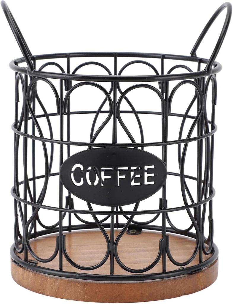 Coffee Pod Holder for Counter, Coffee Pod Basket K Cup Holders Coffee Pods Storage Organizer with Wooden Base for Kitchen Office Desktop (Black)