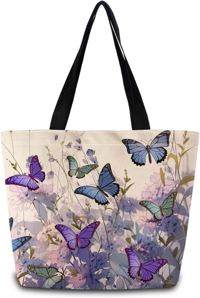 Purple Floral Butterfly Tote Bag Reusable Grocery Bags Cute Aesthetic Shopping Shoulder Handbag with Interior Zipper Pocket Stylish Purple Floral Butterfly Present for Women