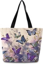 Purple Floral Butterfly Tote Bag Reusable Grocery Bags Cute Aesthetic Shopping Shoulder Handbag with Interior Zipper Pocket Stylish Purple Floral Butterfly Present for Women
