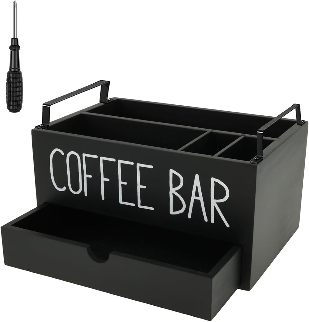 US Coffee Station Organizer with Drawer 2 Layer Wood Coffee Bar Accessories Organizer with Handle Space Saving Coffee Condiment Organizer Versatile Coffee Pods Holder for Coffee Bar Decor