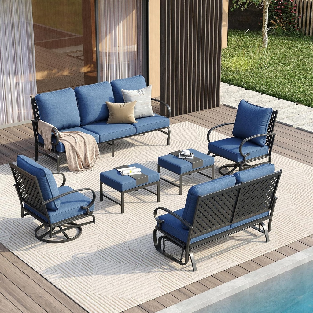 VICLLAX 5 Pieces Patio Furniture Set for 7, Outdoor Conversation Set Includes 3-seat Outdoor Sectional Sofa, 1 Patio Loveseat, 2 Swivel Patio Chairs and 2 Ottomans with Cushions for Garden, Blue