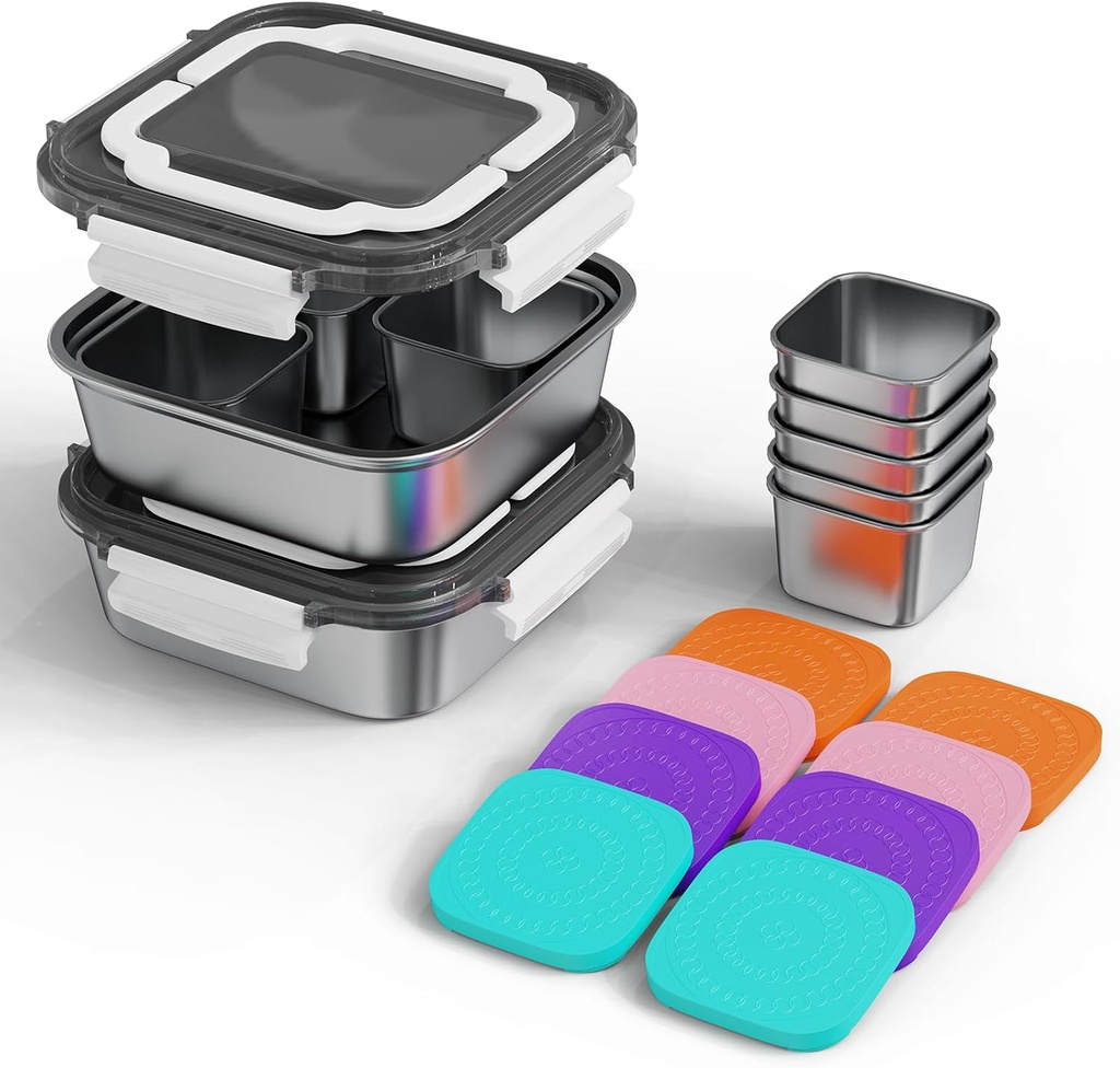 Set of 2 Stainless Steel Conntainers with Lids 5 Pack,Large Stainless Steel Container(1.5qt) and Set of 4 Snack Containers,Convenient to Carry,Suitable for Picnics and Travel