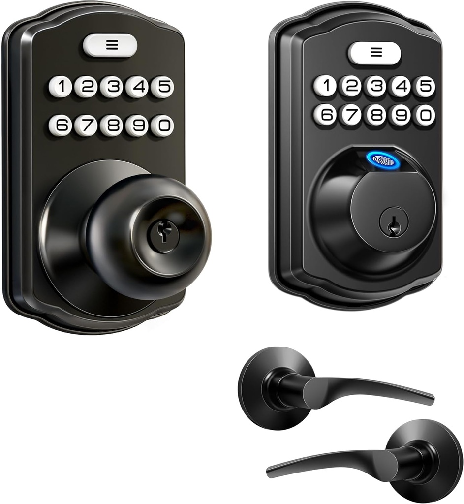 Veise Fingerprint Door Lock with 2 Lever Handles and Veise Keypad Door Knob Lock - Matte Black