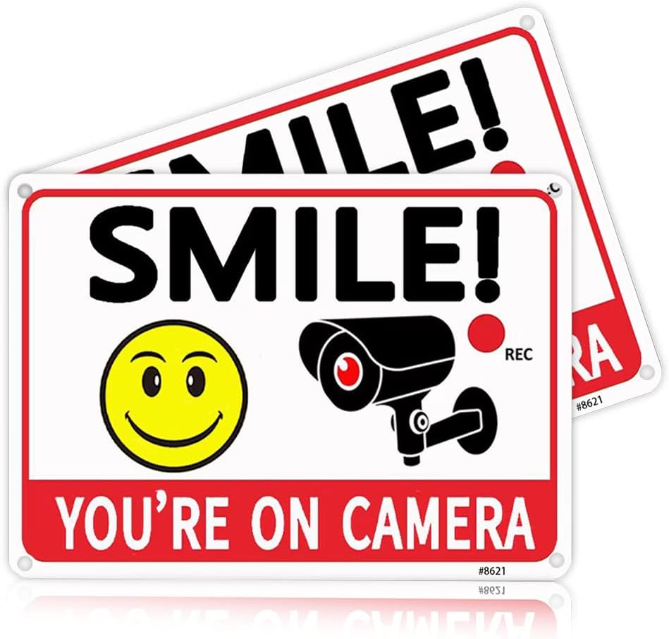 2 Pack Smile You're On Camera Signs,Aluminum, UV Ink Printed, Outdoor Video Surveillance & Security Camera Signs for Property,Orange with Black Font, 7x10 Inches, Driveway Alert, CCTV