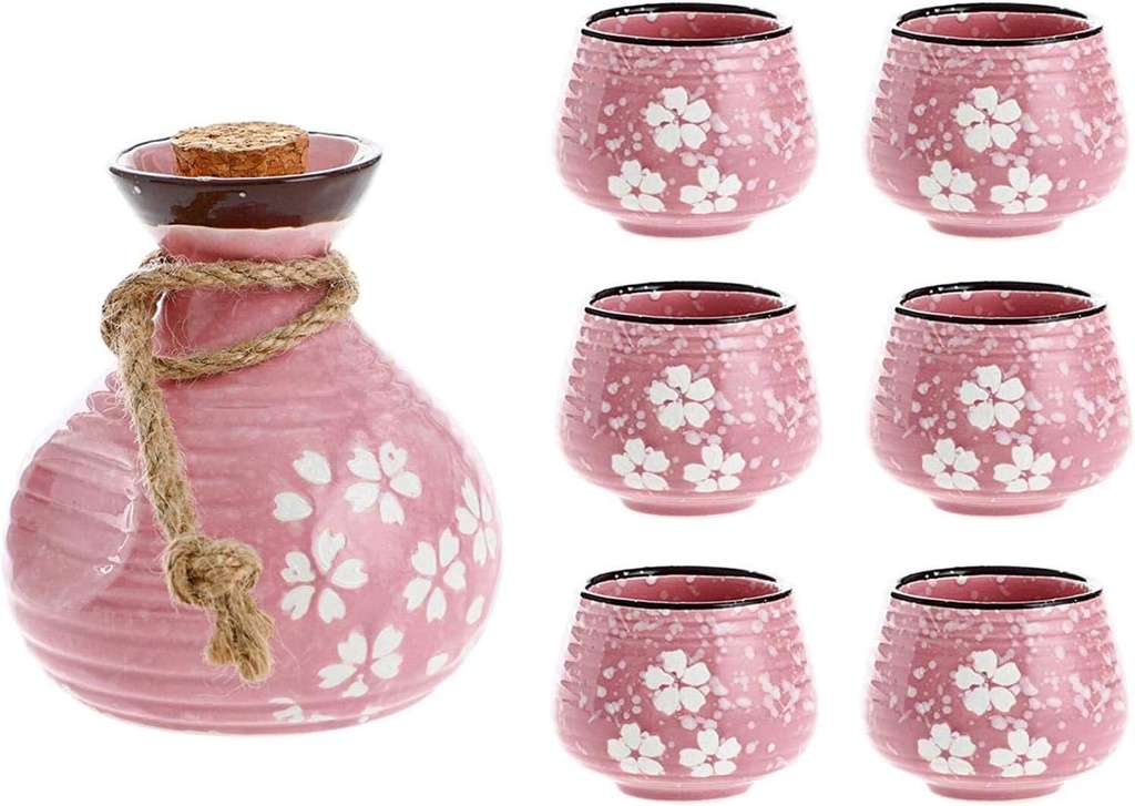 Sake Set Sake Set Cups 7 Pieces Ceramic Hand Painted Sake Set, Include 1 Sake and 6 Cups, Thread Sake Set, Japanese Pottery Hot Saki Drink Kit(A)