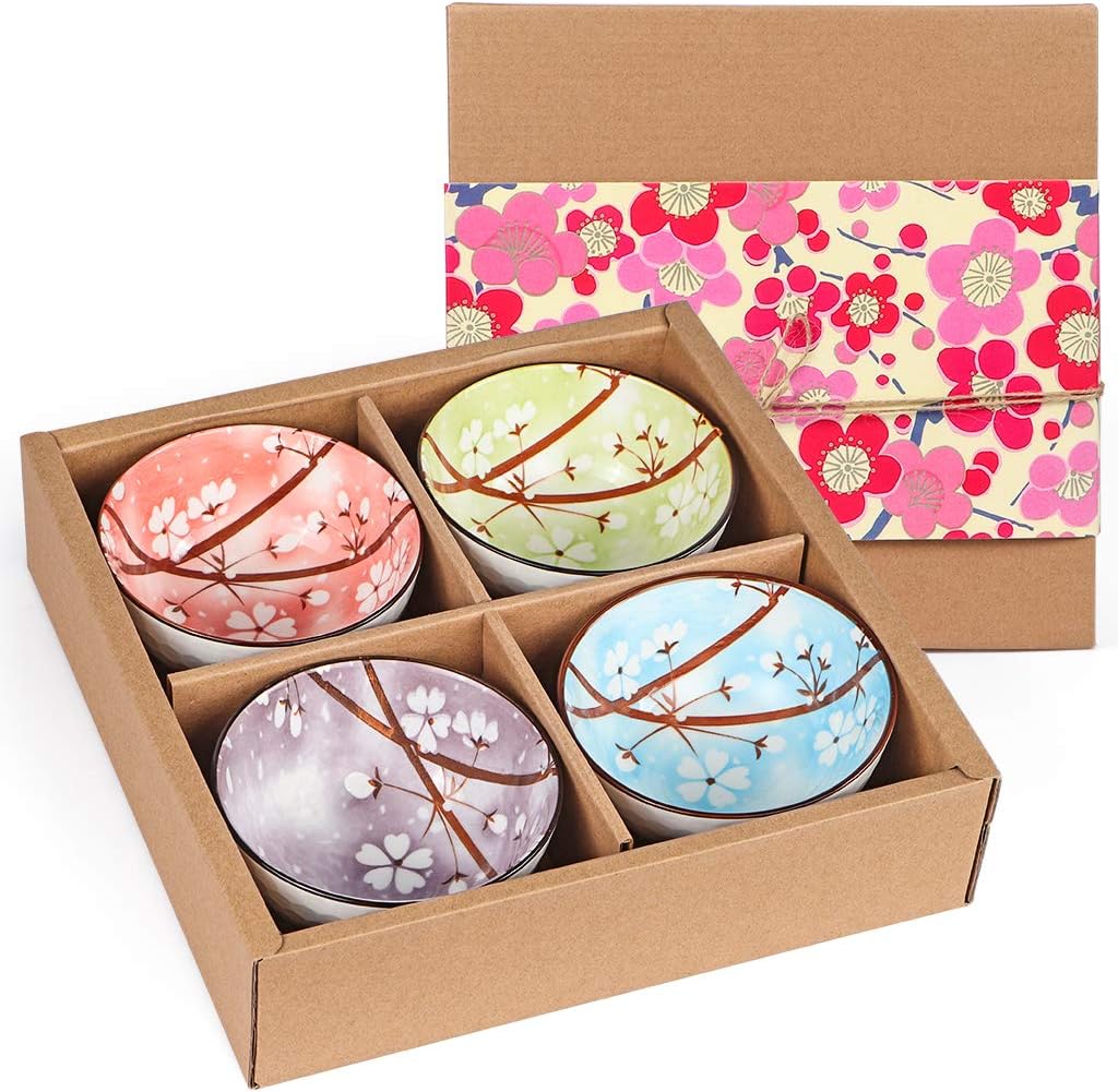 Ceramic Rice Bowls 10 oz, Sakura Bowl Gift Set, Assorted Color Dinnerware Serving Bowls for Rice, Cereal, Noodle, Soup, Desserts, Pack of 4 (Cherry Blossom)