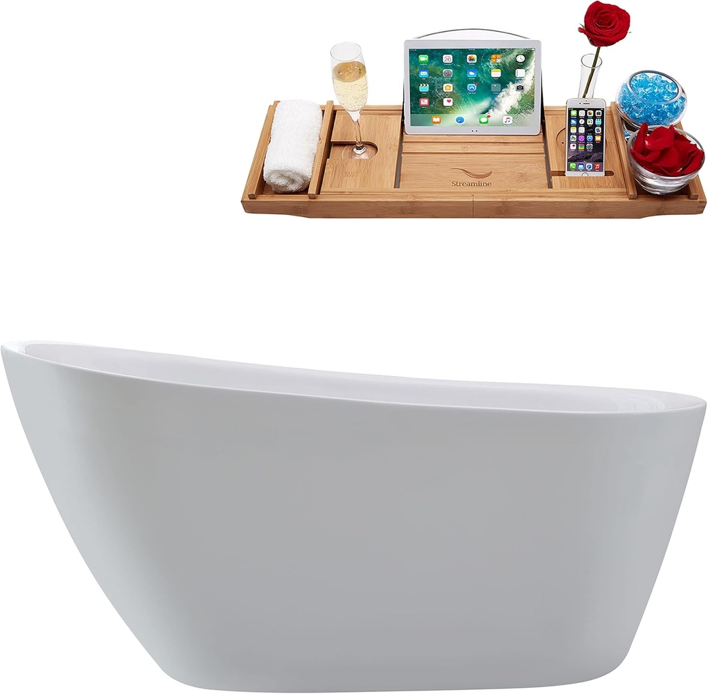 Streamline 59" Freestanding Soaking Bathtub – Glossy White Acrylic Tub with Polished Chrome Internal Drain and Bamboo Tray – Modern Rectangular Design – 70 Gallon Capacity