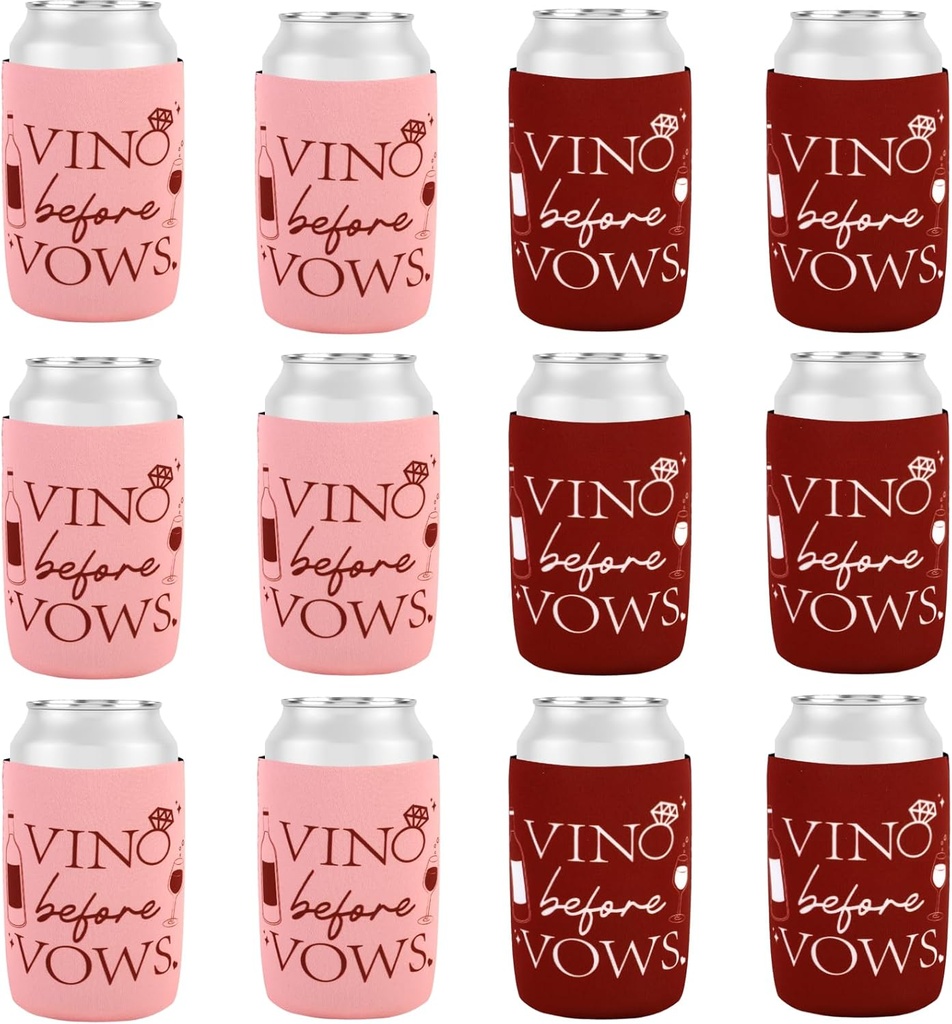 Serencatcher 12Pcs Vino Before Vows Bachelorette Party Can Cooler Sleeves, Wine Bachelorette Party Decorations Neoprene Insulated Can Sleeves for Bridal Shower Engagement Wedding Party Favors Supplies
