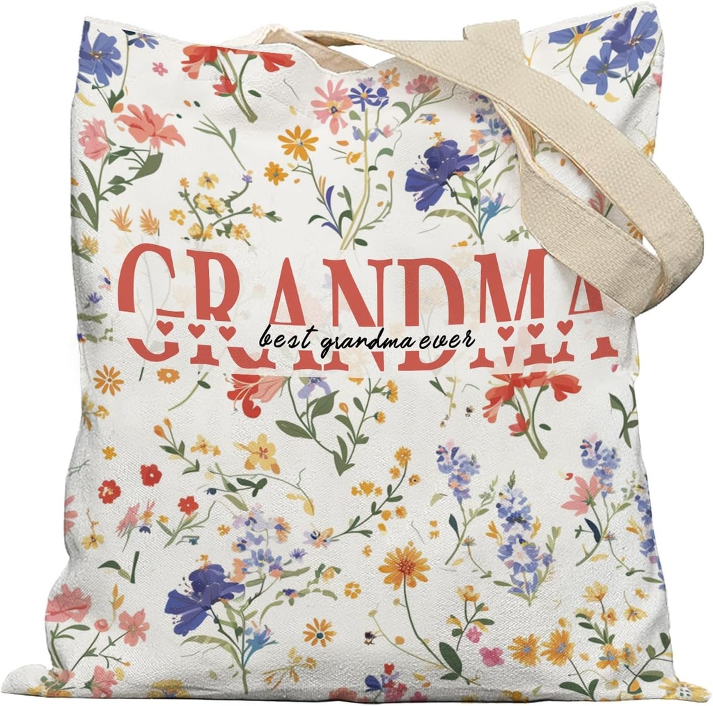 Grandma Gifts Floral Tote Bag, Mother's Day Birthday Gifts for Grandma from Grandkids Grandsons Granddaughters Canvas Tote Bags for Women,Reusable Grocery Shopping Bag